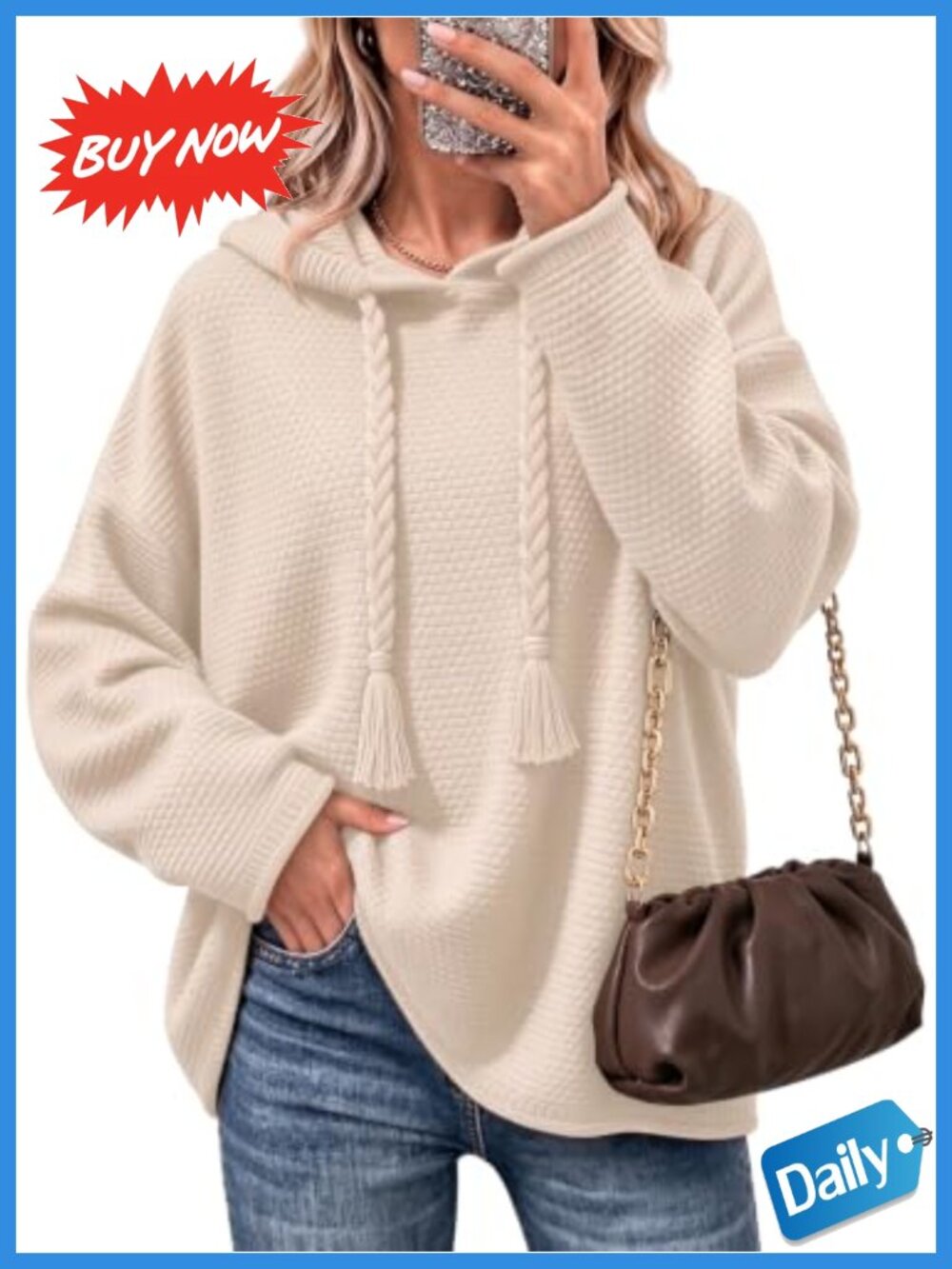 Womens Oversized Chunky Knit Hoodie Pullover Sweater Cotton Acrylic